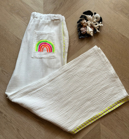 Pantalon gaze de coton Made in Italy blanc brodé arc-en-ciel – T.U 36/44