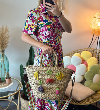 Sac panier de plage avec pompons colorés fruits brodés, anse ajustable