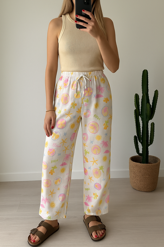Pantalon jambes larges imprimé tropical – Neuf T.34