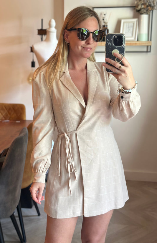 Robe blazer portefeuille beige à carreaux T.34