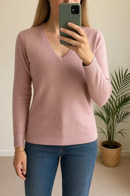 Pull rose clair col V en cachemire T.34