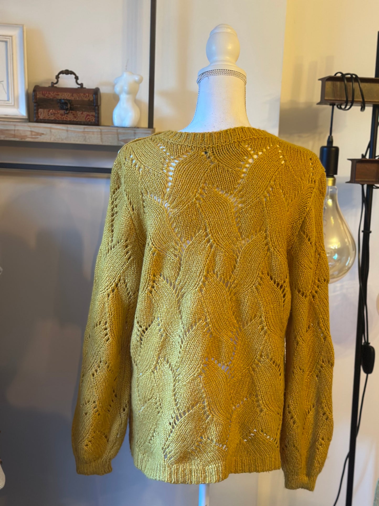 Pull maille ajourée jaune moutarde TU