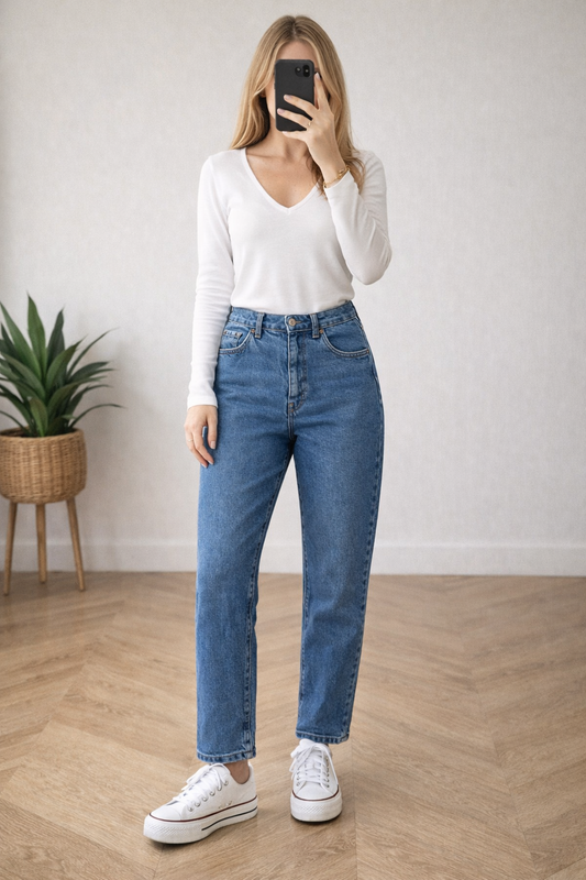 Jean mom droit en coton bleu denim T.36