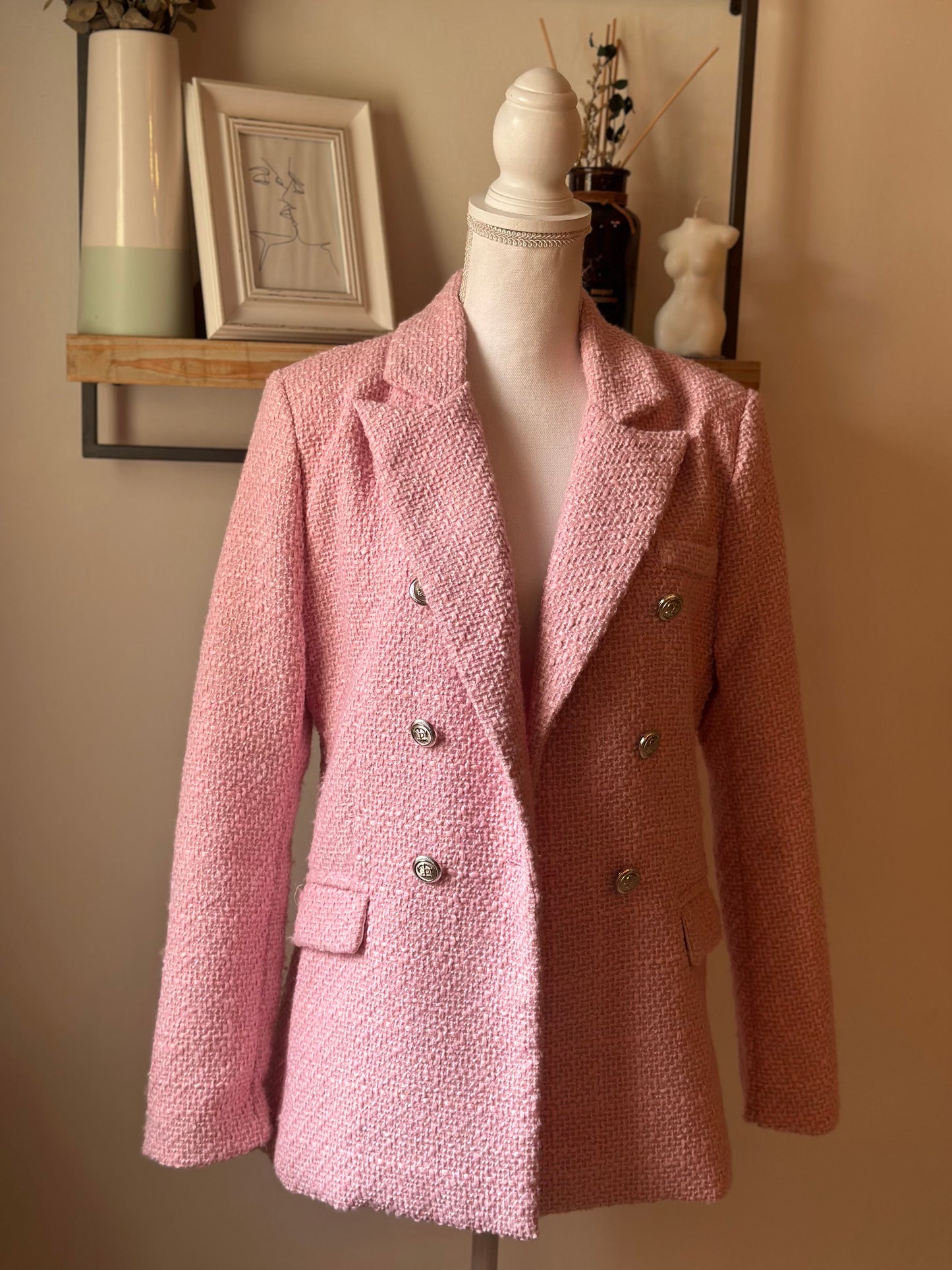 Blazer tweed rose clair boutons croisés T.36