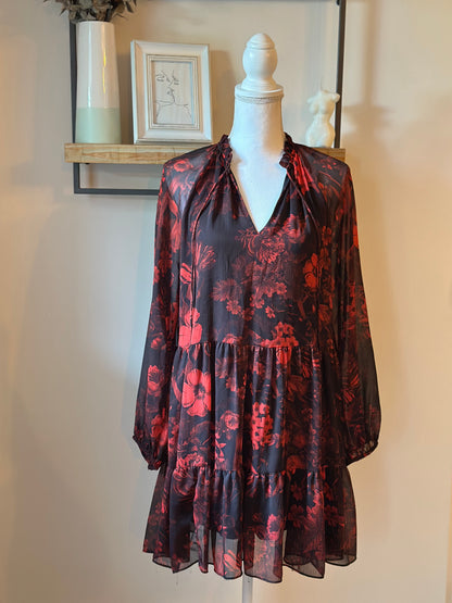 Robe fluide fleurie noir & rouge T.38