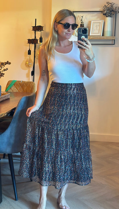 Jupe midi imprimée à fils lurex dorés T.44