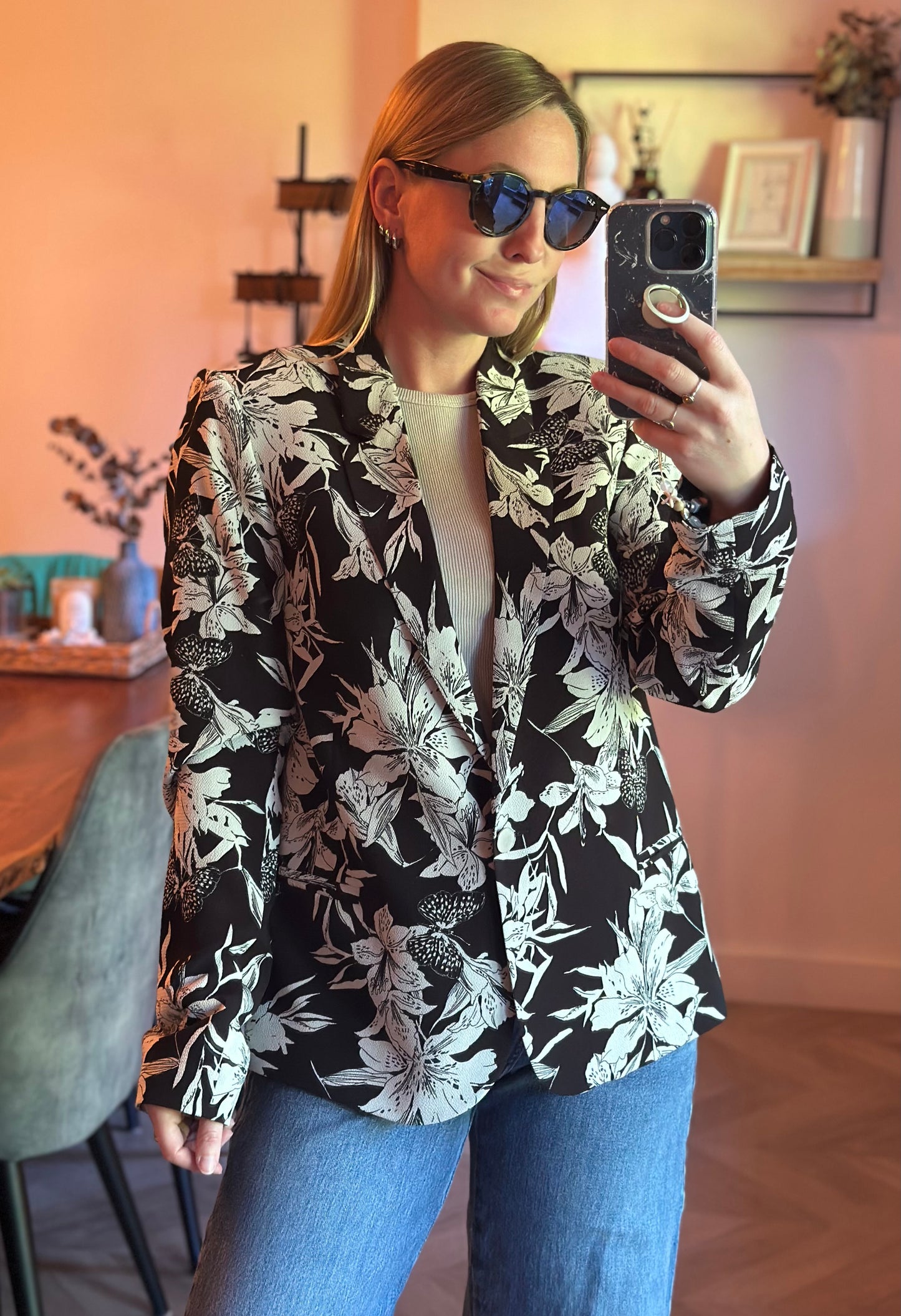 Blazer fluide fleuri noir & blanc T.40