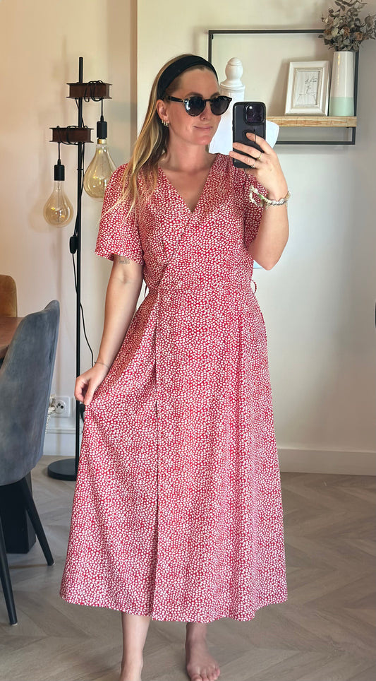 Robe longue fluide imprimé rouge et blanc col cache-cœur T.38/40