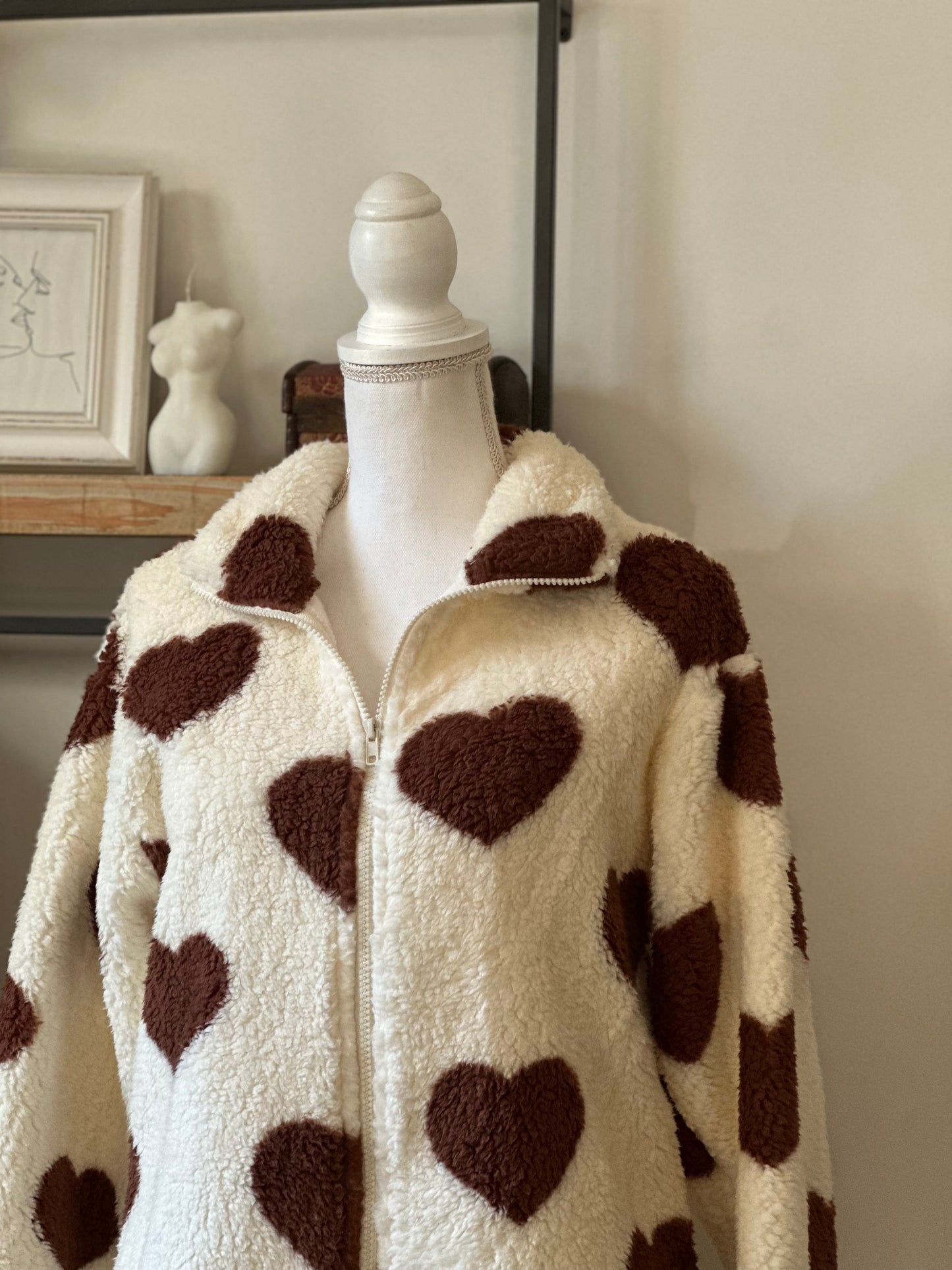 Veste teddy à cœurs marron neuf T.36/38 oversize