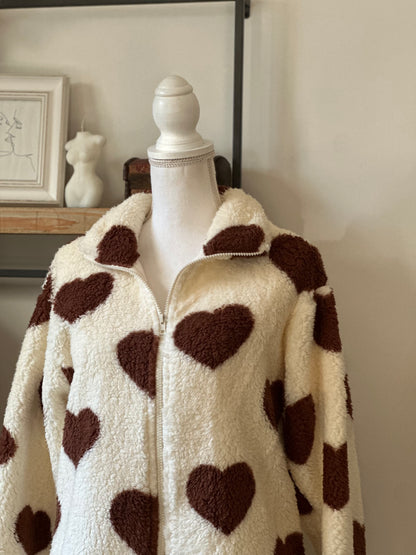 Veste teddy à cœurs marron neuf T.36/38 oversize
