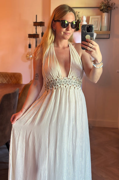 Robe longue dos nu écrue et dorée T.34