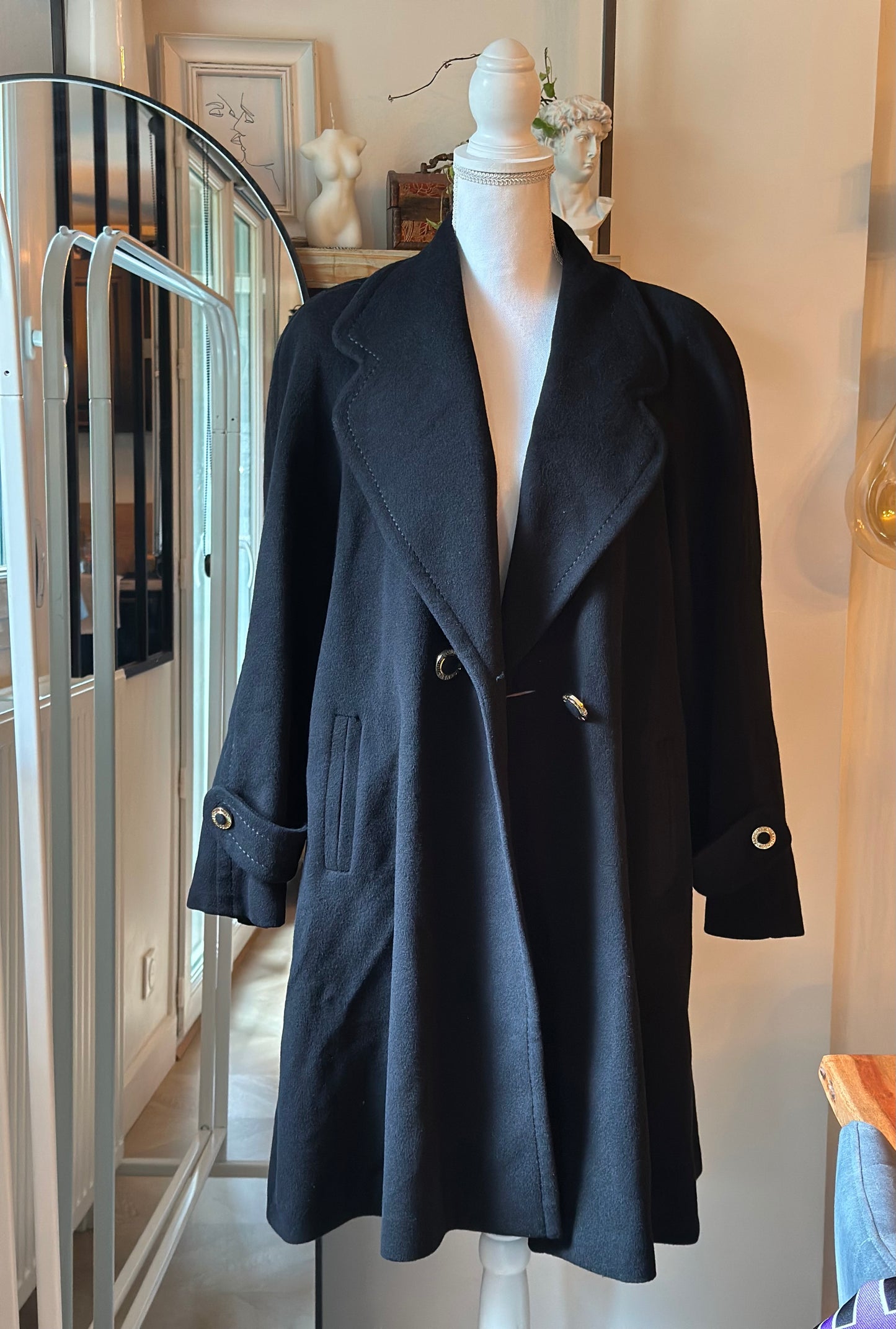 Manteau long laine et cachemire noir vintage T.38 oversize