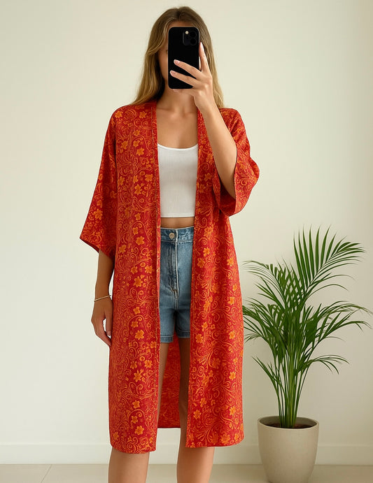 Kimono long fleuri orange rouge - Goa Paris neuf T.36/38