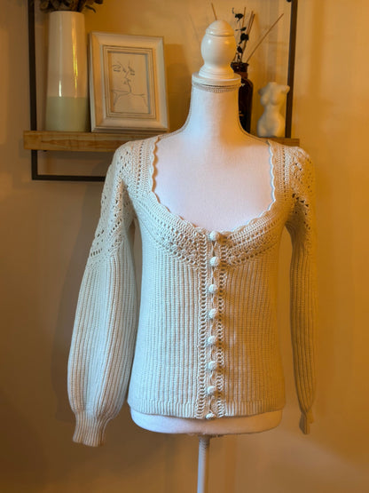Pull Moira maille ajourée écru en laine mérinos et coton bio T.36