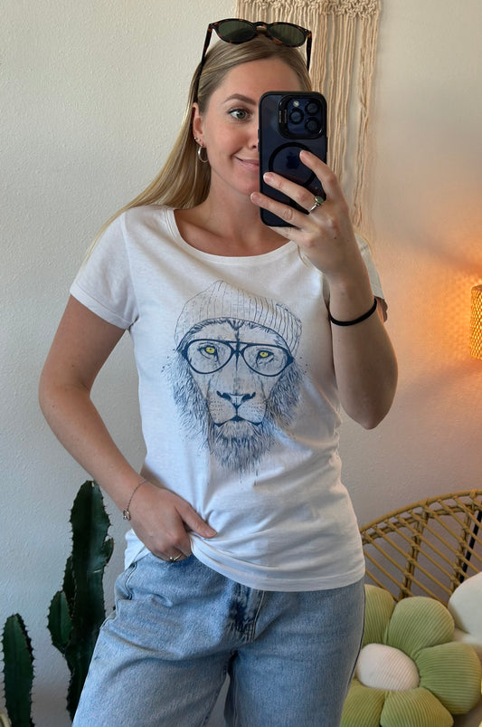 T-shirt blanc imprimé tête de lion “Cool”, neuf, T.36