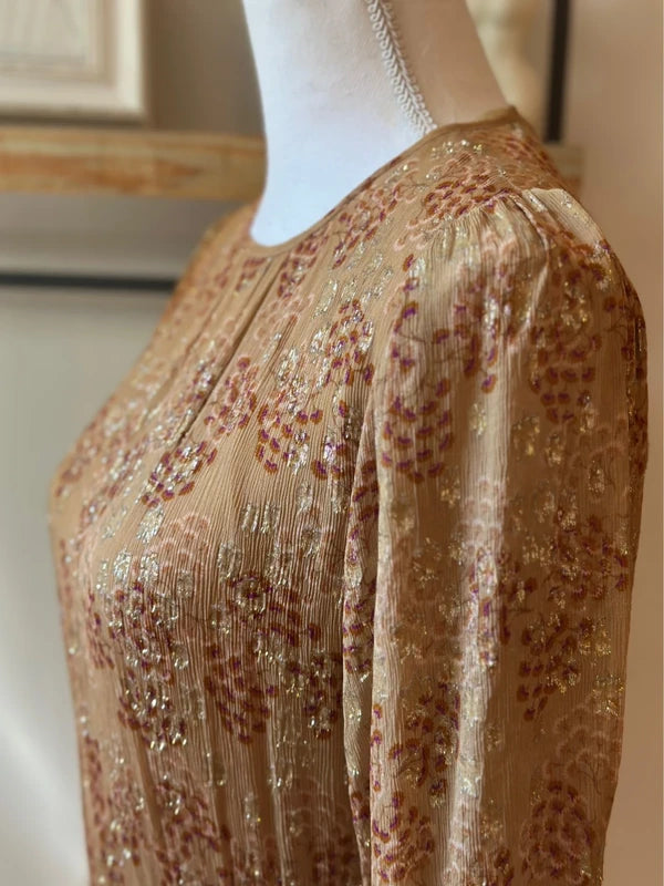 Robe midi imprimé fleuri beige nude et lurex doré taille 34
