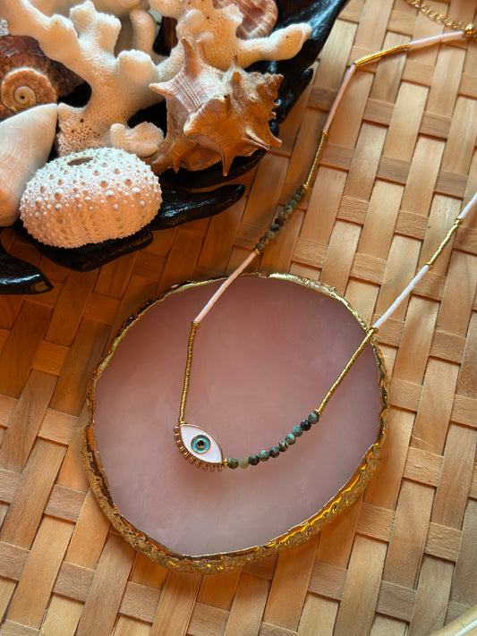 Collier œil protecteur doré & perles naturelles - acier inoxydable