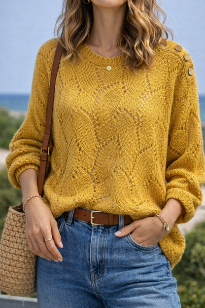 Pull maille ajourée jaune moutarde TU