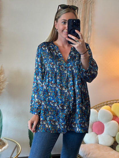 Blouse satinée bleue imprimée fleurs bohème, T.38