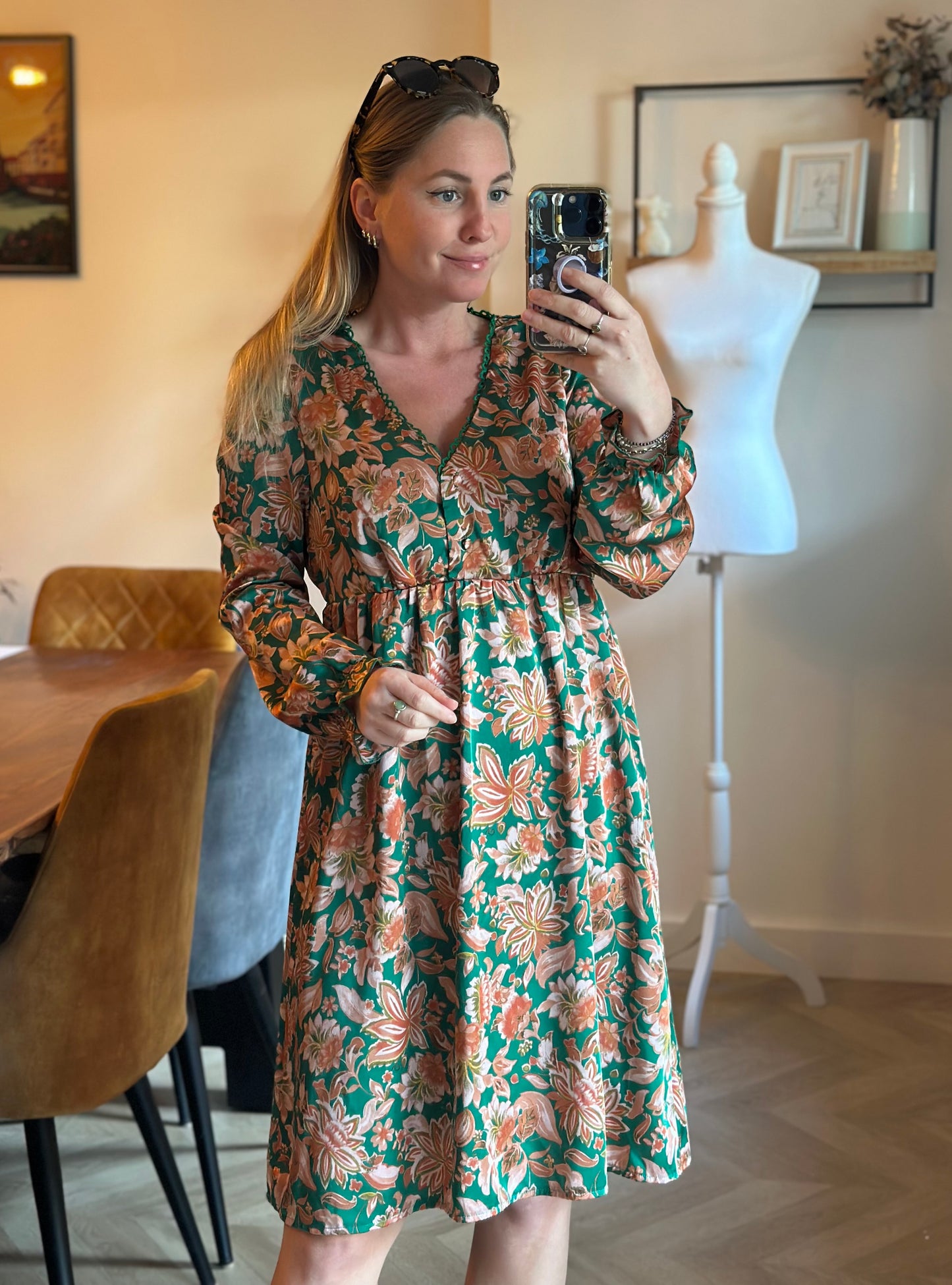 Robe fluide fleurie verte & terracotta T.38/40