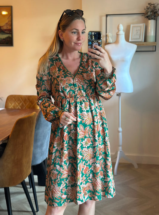 Robe fluide fleurie verte & terracotta T.38/40