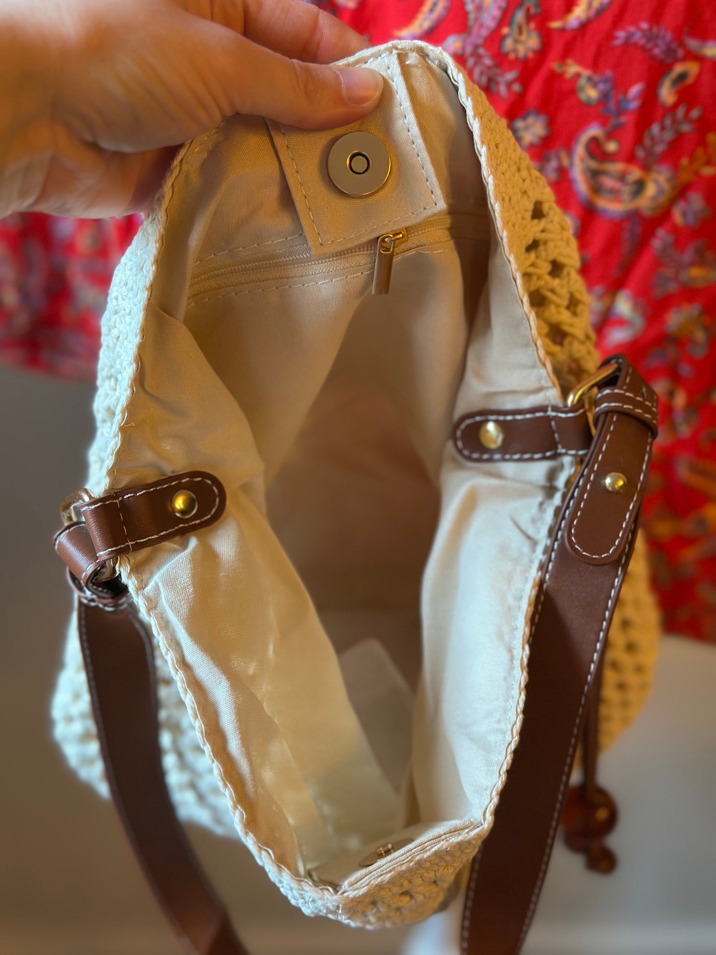 Sac bandoulière tressé crème et marron – Neuf