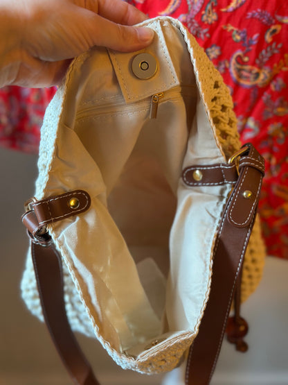 Sac bandoulière tressé crème et marron – Neuf