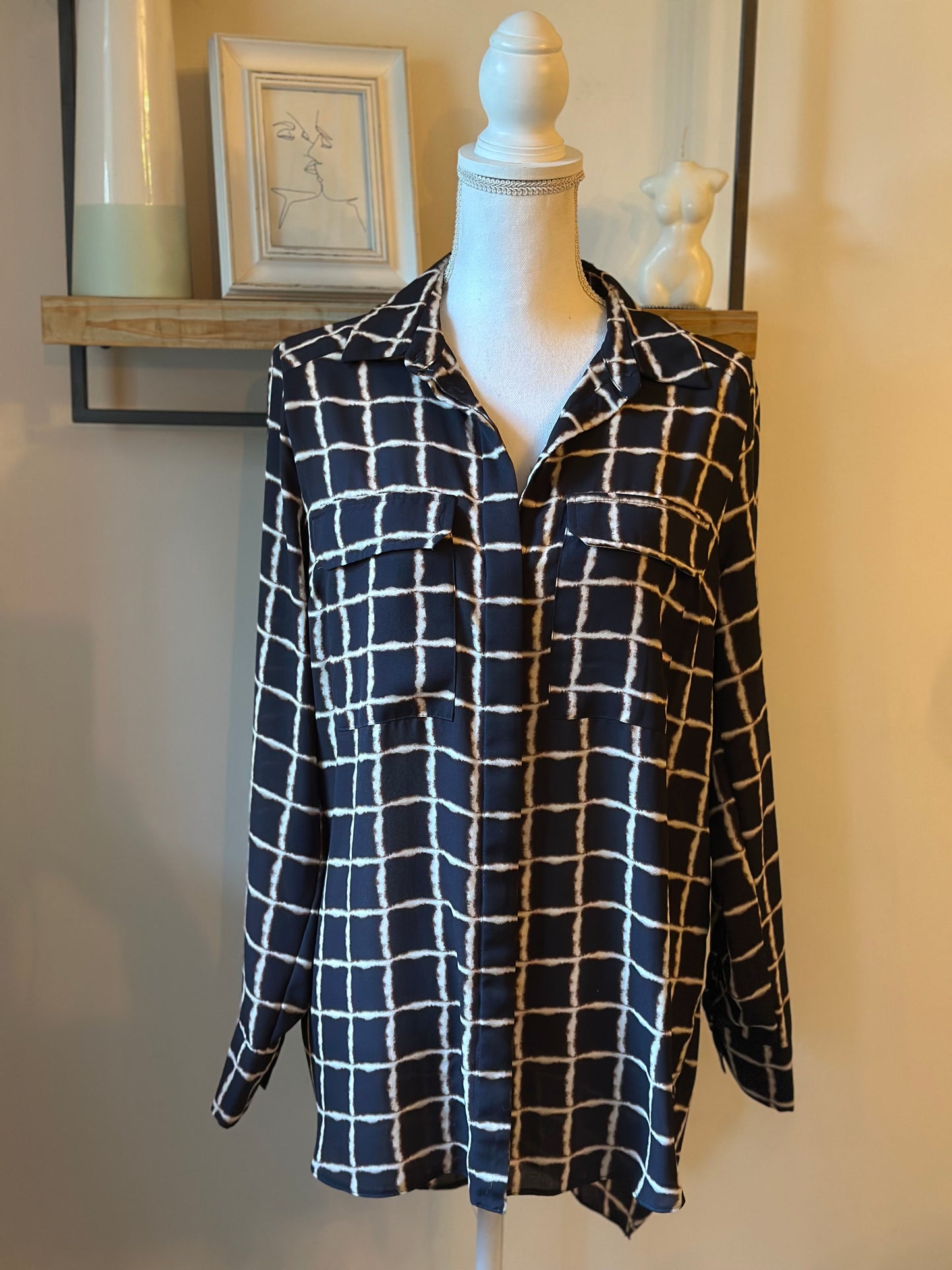 Chemise imprimé carreaux noir beige T.40