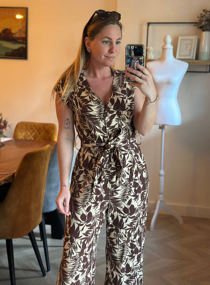 Combinaison fluide imprimé fleuri marron et beige en lin T.36