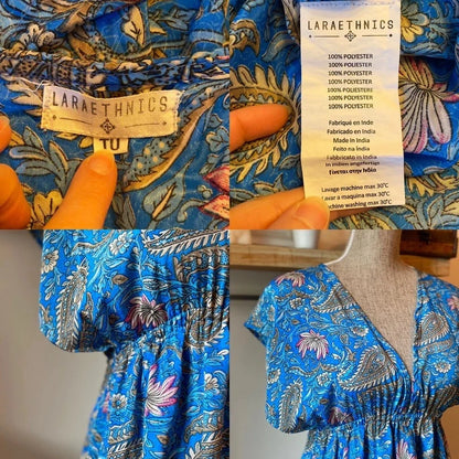 Belle robe longue motifs bleus fleuris T.U