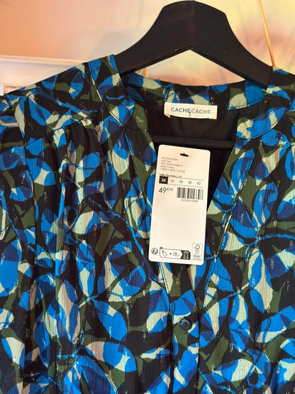 Robe longue imprimé graphique bleu neuve avec étiquette T.34
