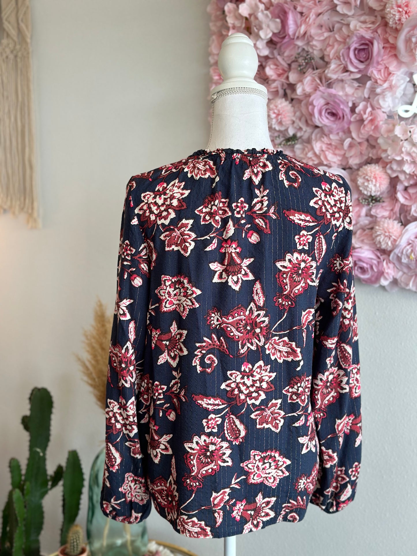 Blouse bohème bleu à imprimé fleuri rose et crème T.42