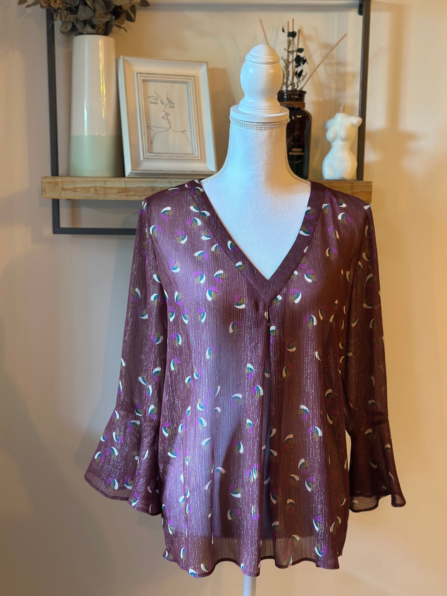 Blouse fluide imprimée bordeaux motifs T.42