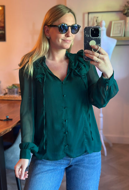 Blouse volantée vert sapin Nafnaf voile fluide T.38