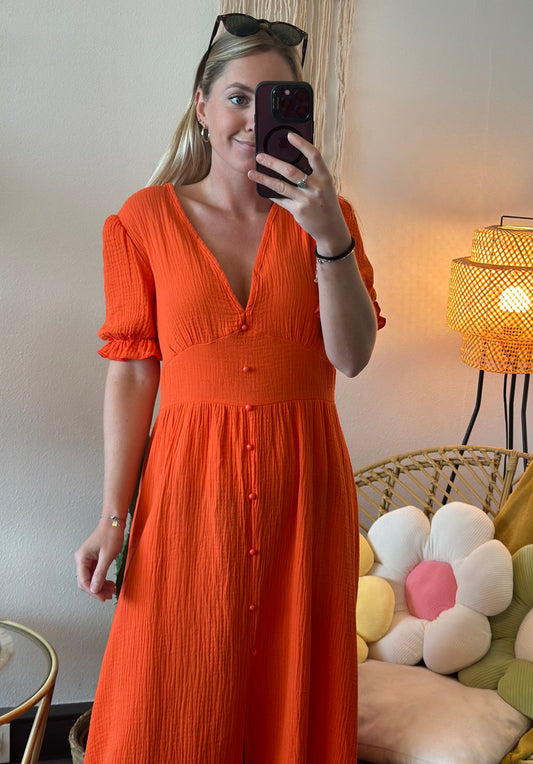 Robe mi-longue en gaze de coton orange T.38