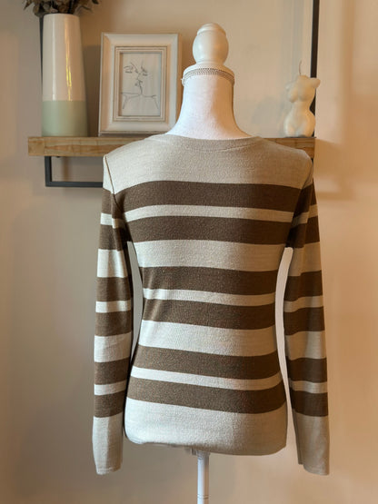 Pull marinière beige et marron laine mérinos fabriqué en France T.38
