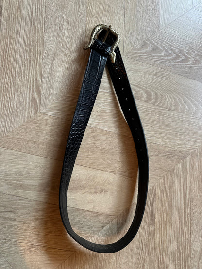 Ceinture large cuir noir embossé effet croco boucle serpent dorée – Handmade Italy longueur 110 cm
