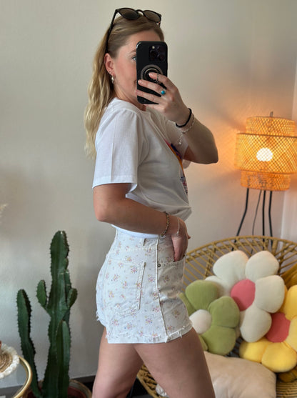 Short taille haute blanc à motifs fleuris colorés T.34