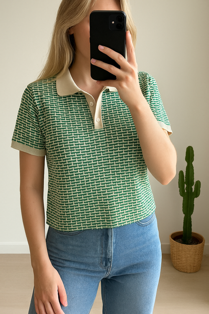 Top/Polo maille imprimé graphique vert Zara neuf, T.36
