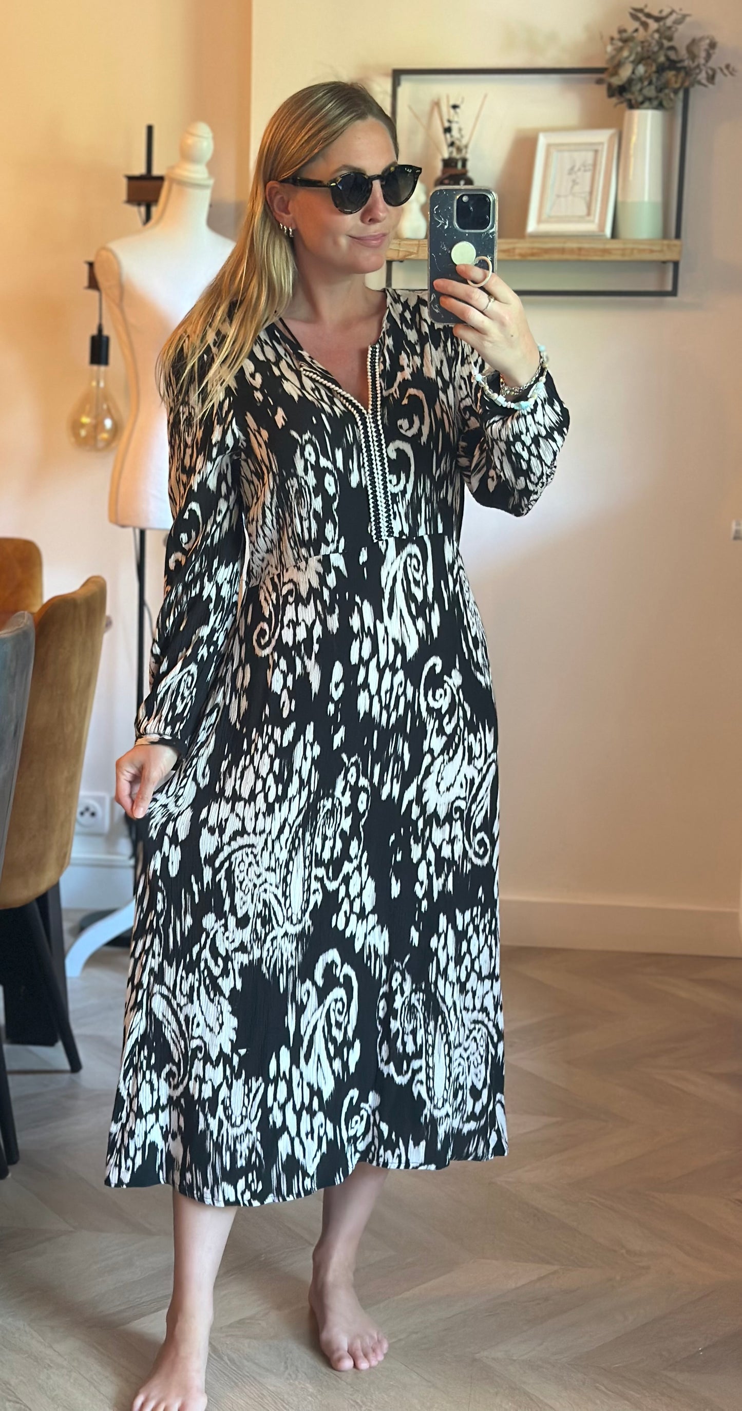 Robe longue imprimée noir et écru Made in France T.38/40