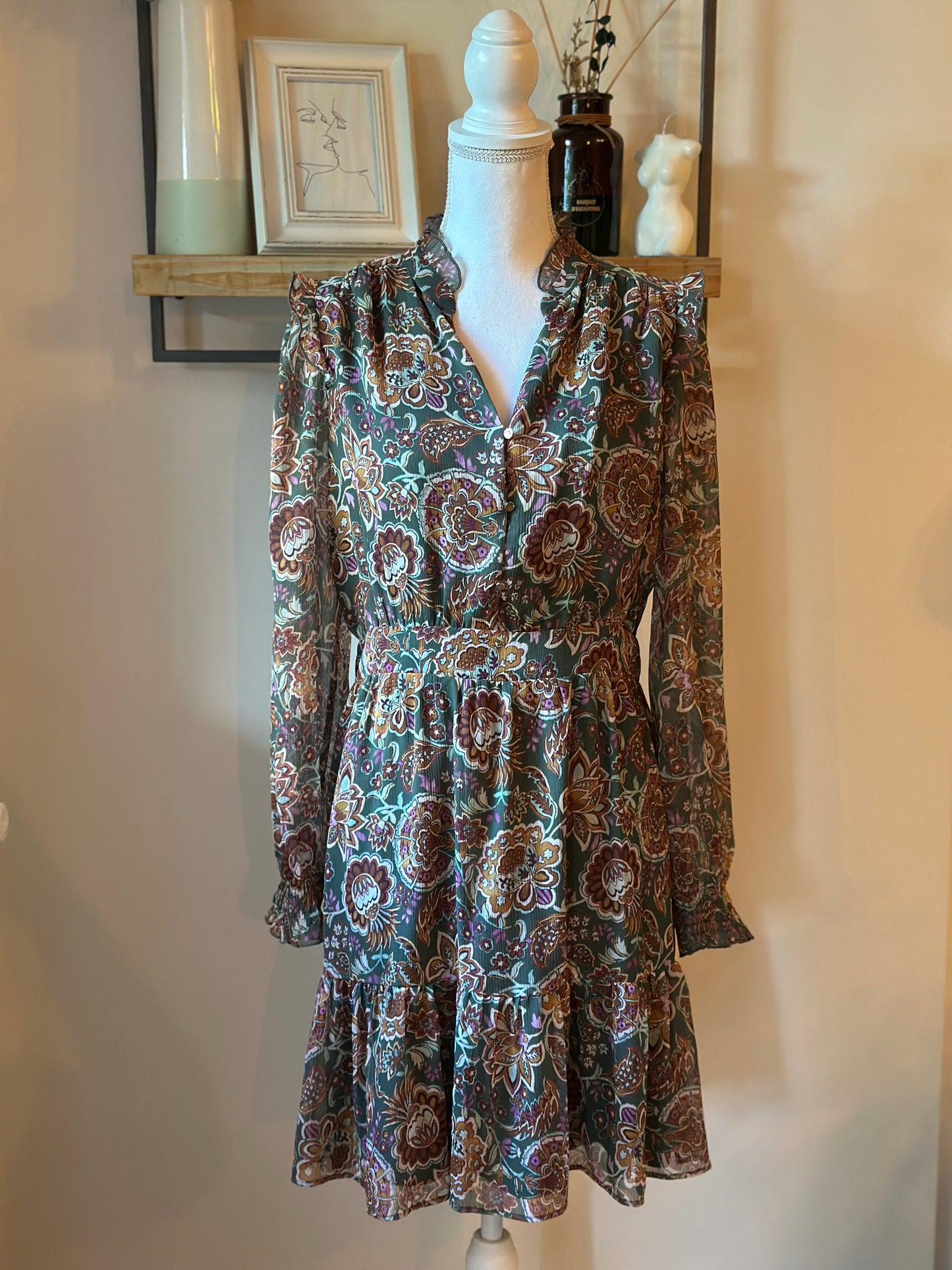 Robe courte imprimé bohème kaki T.40
