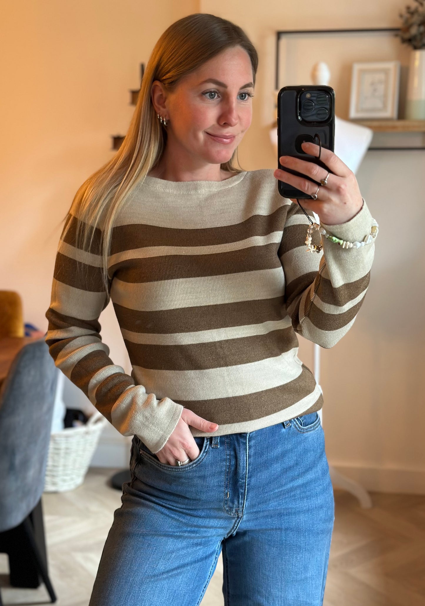 Pull marinière beige et marron laine mérinos fabriqué en France T.38