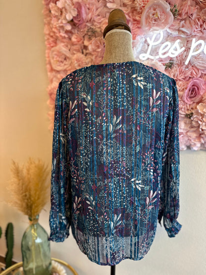 Blouse fluide bleue à imprimé fleuri et lurex, T.42