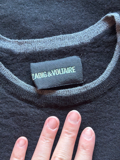 Pull laine mérinos noir détail gris col rond T.38