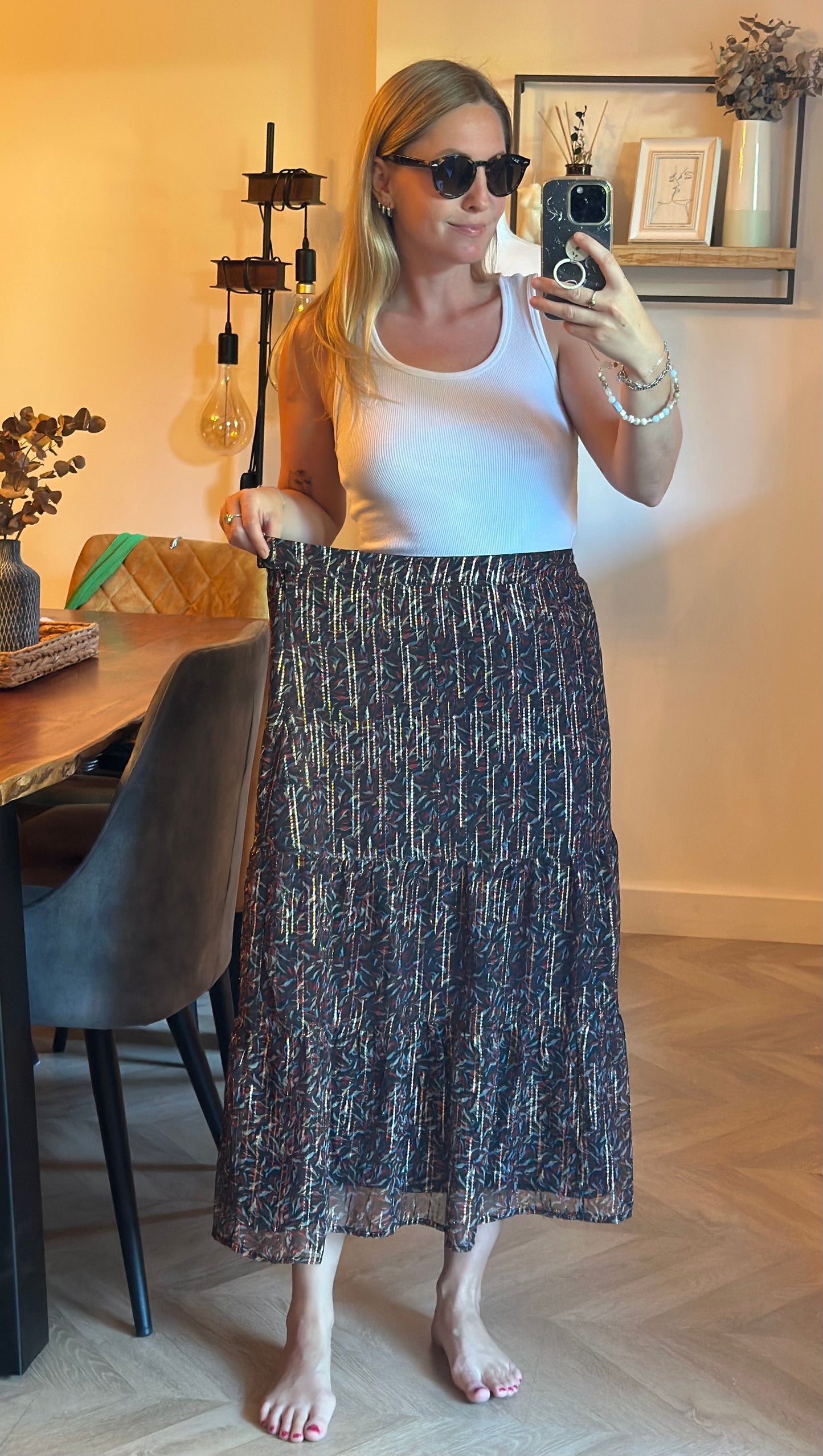 Jupe midi imprimée à fils lurex dorés T.44