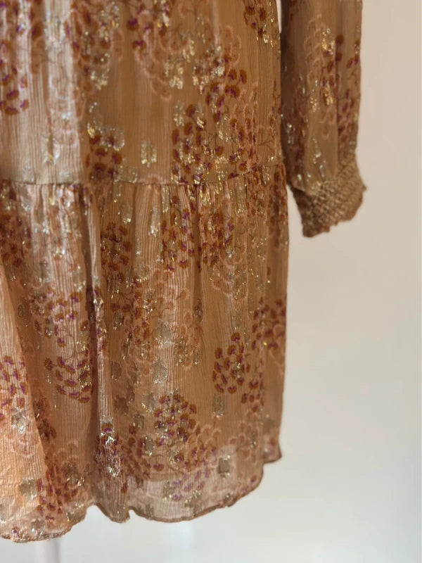 Robe midi imprimé fleuri beige nude et lurex doré taille 34