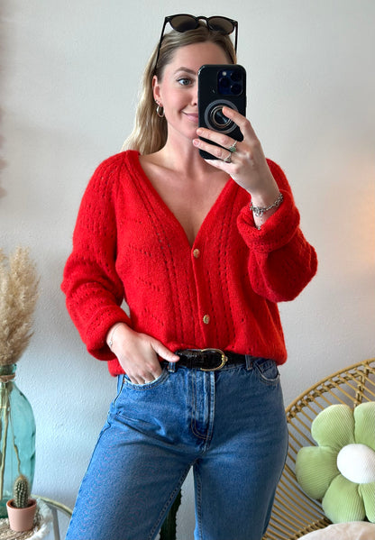 Cardigan en maille ajourée rouge mohair et laine T.U