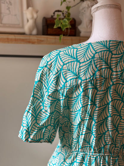 Robe d’été cache-cœur imprimé turquoise et blanc T.38