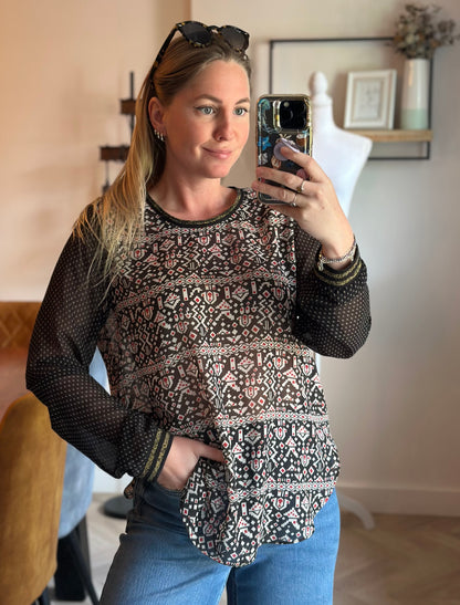 Blouse imprimé graphique noir et rouge T.38