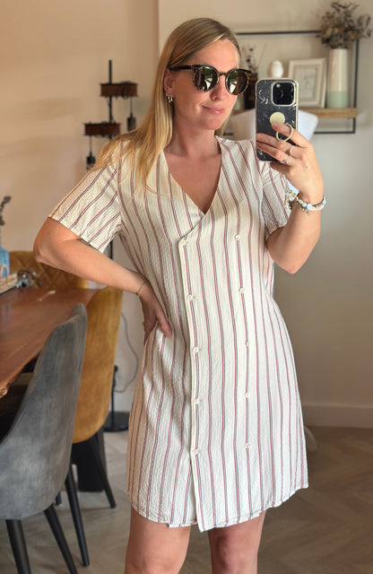 Robe rayée écrue rouge bleu en  viscose T.34